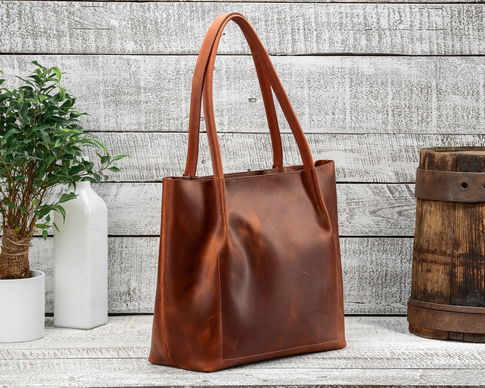 Cognac Leather Tote Woman Leather Bag Leather Tote Bag Tote Etsy