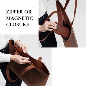 Large Leather Tote Bag with Zipper for Women — Handmade Laptop Work Bag, Tassel & Personalized Gift for Her image 4