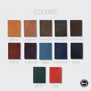 Op de afbeelding: Kleurenkaart met 12 lederkleuren: geel, caramel, olijf (licht), olijf (donker), chocolade, cognac, bordeaux, blauw, marineblauw, zwart, groen en rood.