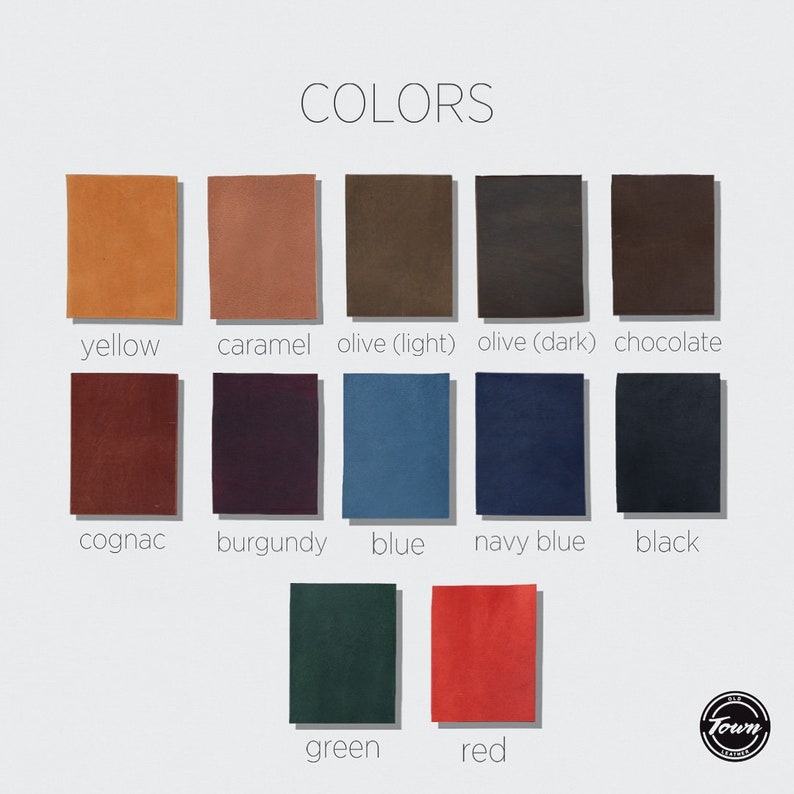 Op de afbeelding: Kleurenkaart met 12 lederkleuren: geel, caramel, olijf (licht), olijf (donker), chocolade, cognac, bordeaux, blauw, marineblauw, zwart, groen en rood.