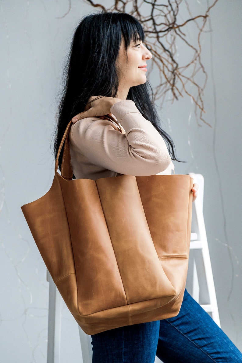 Caramel hobo bag, Shopping leather bag, Tote leather bag, Leather tote bag, Woman leather tote, Woman shoulder bag, Genuine leather tote image 6