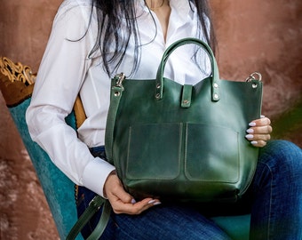 Green leather bag, Tote leather bag, Leather tote bag, Woman crossbody bag, Small leather tote, Leather shopping bag, Vintage leather tote