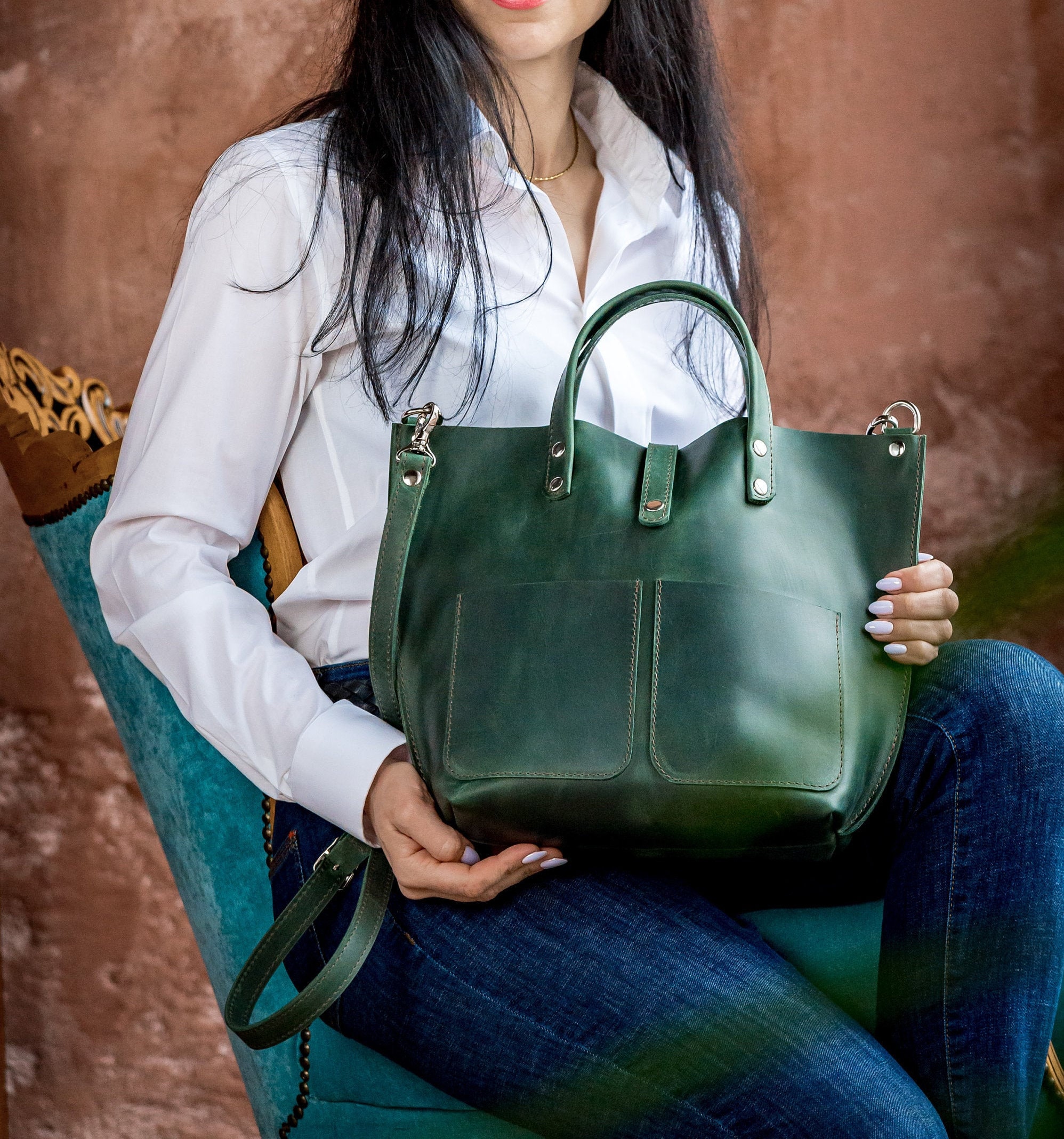 Green Leather Bag Tote Leather Bag Leather Tote Bag Woman - Etsy