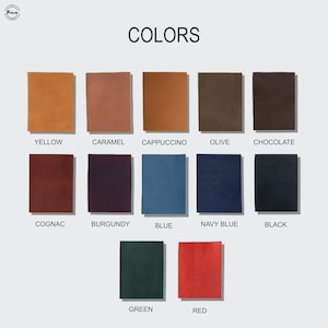 May include: A color chart showing 12 different leather colors, including yellow, caramel, cappuccino, olive, chocolate, cognac, burgundy, blue, navy blue, black, green, and red.