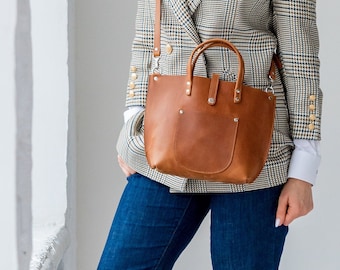 Handmade Mini Cognac Leather Tote Bag: Crossbody Shoulder Bag