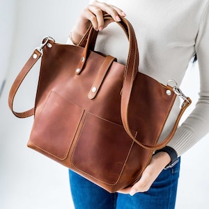 Sac en cuir cognac, sac à main personnalisé, sac fourre-tout en cuir, cadeau personnalisé, sac en cuir à bandoulière, sac fait main, sac en cuir marron