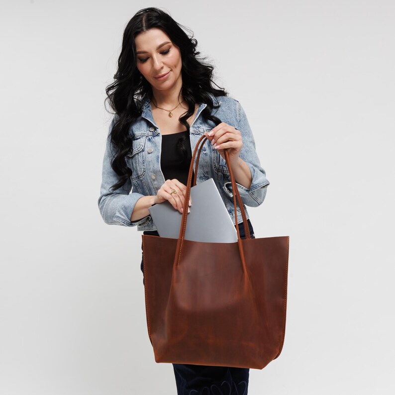 Large Leather Tote Bag with Zipper for Women — Handmade Laptop Work Bag, Tassel & Personalized Gift for Her image 3