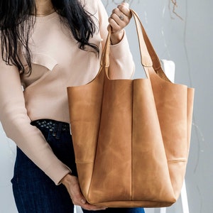 Caramel hobo bag, Shopping leather bag, Tote leather bag, Leather tote bag, Woman leather tote, Woman shoulder bag, Genuine leather tote image 9