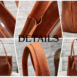 May include: Close-up details of a brown leather tote bag with a zipper closure. The bag has a stitched design and a top handle. DETAILS is written in black text on a white background.