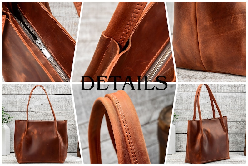 May include: Close-up details of a brown leather tote bag with a zipper closure. The bag has a stitched design and a top handle. DETAILS is written in black text on a white background.