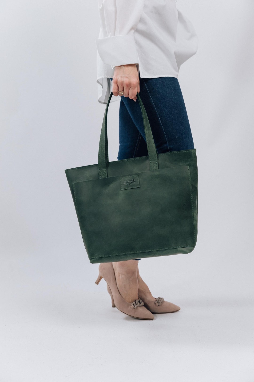 Green Leather Tote Bag: Handmade Full Grain, Daily Use