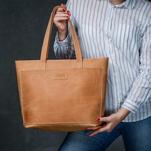 Caramel leather tote, Woman leather bag, Woman shopping bag, Daily use bag, Woman laptop bag, Gift for wife, Leather shoulder bag, Tote bag image 1