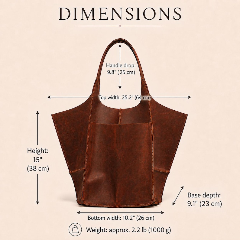 Leather hobo bag size chart with measurements in inches and cm
