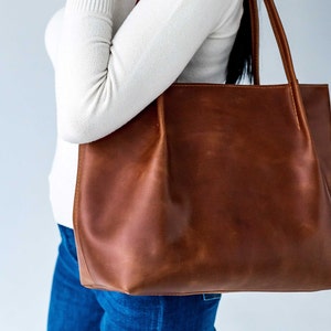 Cognac leather tote, Woman leather bag, Leather tote bag, Tote leather bag, Leather shopping bag, Woman shoulder bag, Woman leather purse image 4