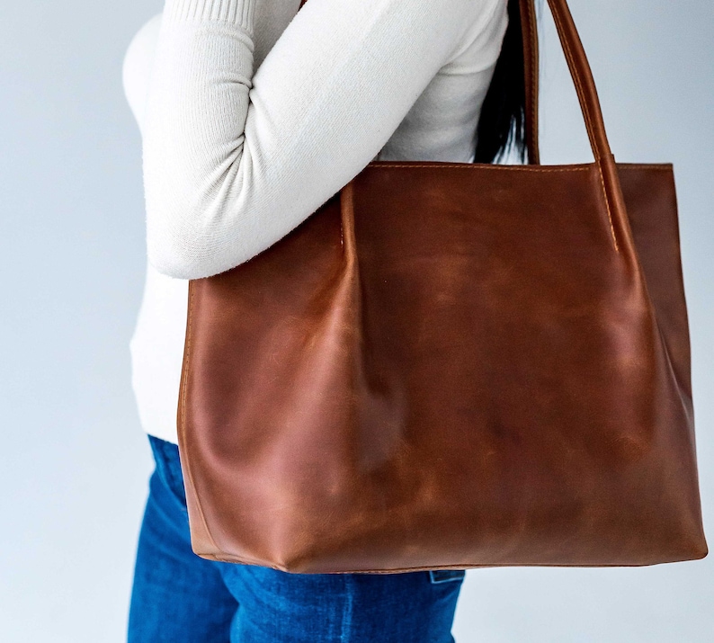 Cognac leather tote, Woman leather bag, Leather tote bag, Tote leather bag, Leather shopping bag, Woman shoulder bag, Woman leather purse image 4