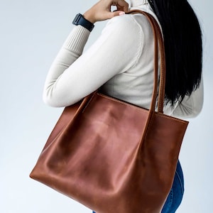 Cognac leather tote, Woman leather bag, Leather tote bag, Tote leather bag, Leather shopping bag, Woman shoulder bag, Woman leather purse image 2