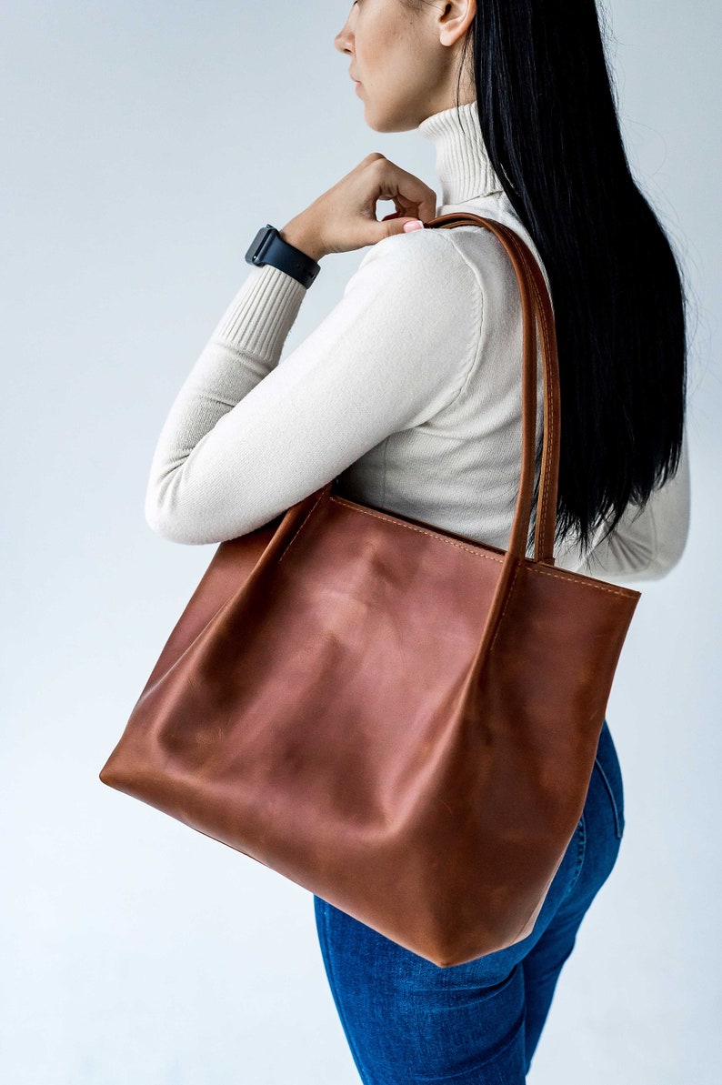 Cognac leather tote, Woman leather bag, Leather tote bag, Tote leather bag, Leather shopping bag, Woman shoulder bag, Woman leather purse image 2