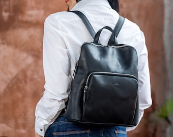 Leather backpack, Women's backpack, Black backpack, Small backpack, Backpack with pocket, Gift for her, Birthday gift