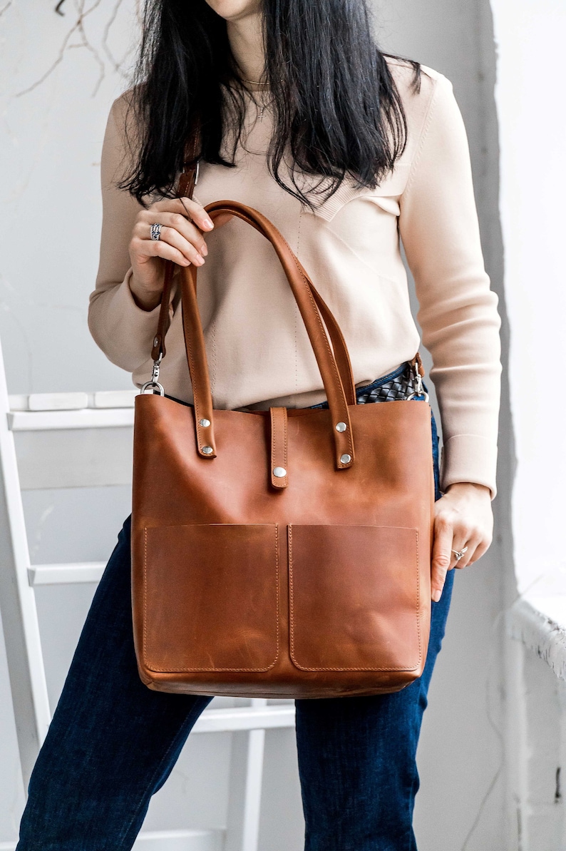 Cognac Leather Bag Woman Leather Tote Shopping Leather Bag Etsy