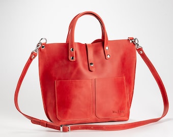 Handmade Red Leather Tote Bag: Small Shopping Bag with Pockets