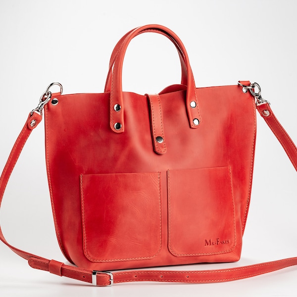 Bolso de cuero TOTE bolso bolso de cuero bolso hecho a mano para las mujeres bolso de cuero con dos bolsillos bolso de compras de cuero pequeño bolso de cuero rojo