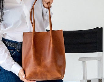 Cognac leather tote, Tote leather bag, Leather tote bag, Small tote bag, Woman shoulder bag, Gift for girlfriend, Leather shopping bag, Gift