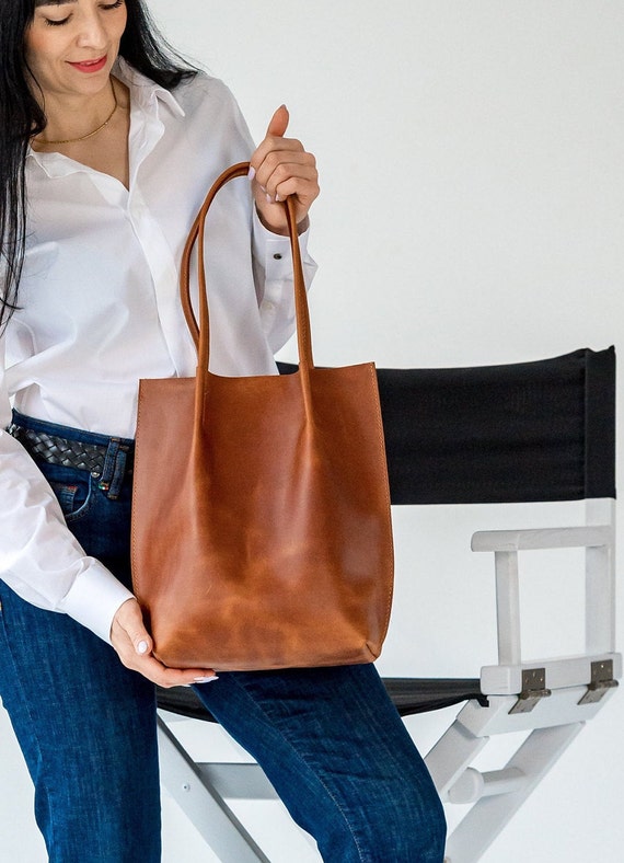 Cognac leather tote, Tote leather bag, Leather tote bag, Small tote bag, Woman shoulder bag, Gift for girlfriend, Leather shopping bag, Gift