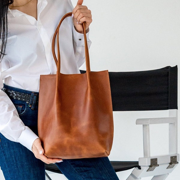 Sac fourre-tout en cuir de cognac, Sac fourre-tout en cuir, Petit sac fourre-tout, Sac à bandoulière femme, Cadeau pour petite amie, Sac à provisions en cuir, Cadeau