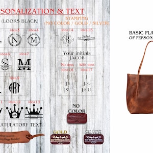May include: A brown leather tote bag with personalization options. The bag has a large main compartment and two top handles. The image shows different personalization ideas, including engraving, stamping, and text. The text "BASIC PLACEMENT OF PERSONALIZATION" is shown with an arrow pointing to the bag.
