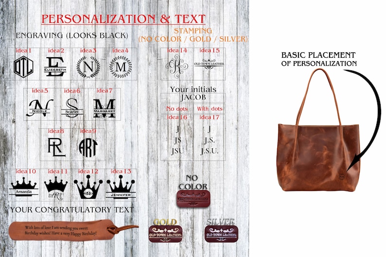 May include: A brown leather tote bag with personalization options. The bag has a large main compartment and two top handles. The image shows different personalization ideas, including engraving, stamping, and text. The text "BASIC PLACEMENT OF PERSONALIZATION" is shown with an arrow pointing to the bag.