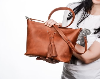 Cognac leather bag, Bag with tassels, Tote leahter bag, Shoulder leather bag, Woman shopping bag, Woman travel bag, Crossbody woman bag