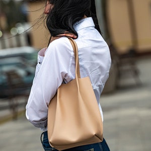 Mini Beige leather bag, Leather tote, Woman leather bag, Shoulder leather bag, Vintage leather tote, Boho leather bag, Leather tote bag image 7