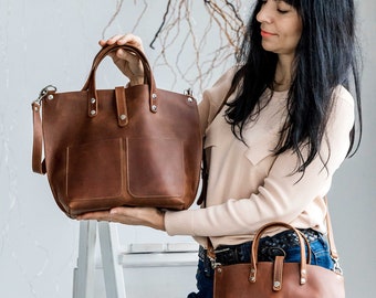 Tote sac Cognac sac en cuir Sac en cuir Sac fourre-tout en cuir Sac fait main pour femmes Sac en cuir avec deux poches Petit sac à provisions en cuir