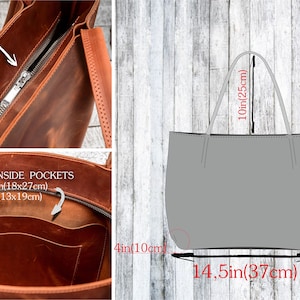 May include: A brown leather tote bag with two inside pockets. The bag measures 14.5 inches wide, 11 inches tall, and 10 inches deep. The bag has a zipper closure and two top handles.