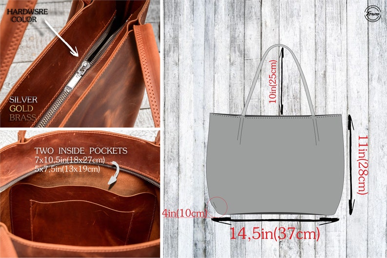 May include: A brown leather tote bag with two inside pockets. The bag measures 14.5 inches wide, 11 inches tall, and 10 inches deep. The bag has a zipper closure and two top handles.