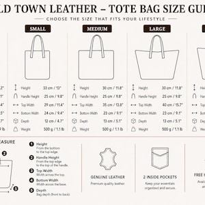 Leather tote bag size guide - mini to extra large measurements in cm and inches