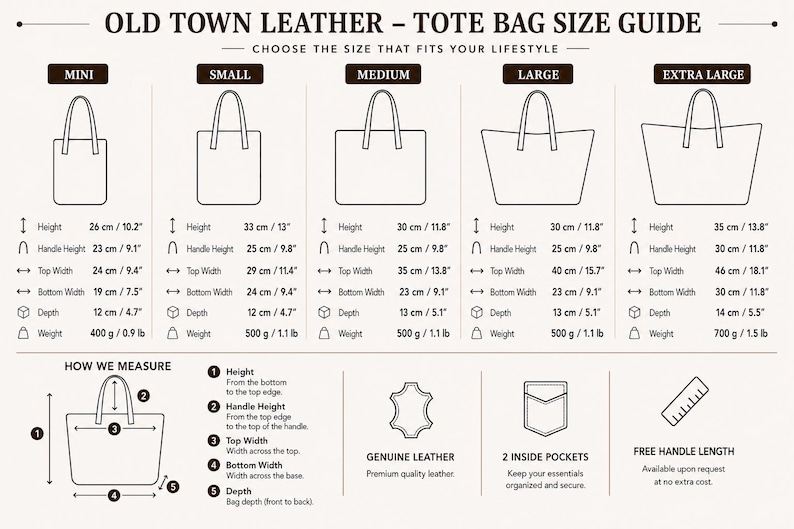 Leather tote bag size guide - mini to extra large measurements in cm and inches