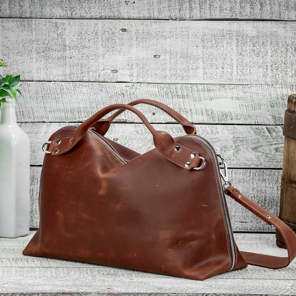 Mann Weekender Tasche, Leder-Reisetasche, Handgepäck, Duffle Ledertasche, Umhängetasche, Sporttasche, Unisex Ledertasche, Cognac Tasche