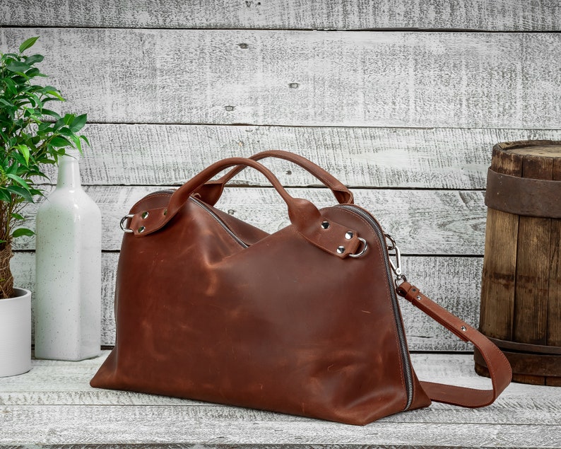 Man weekender bag, Leather travel bag, Carry-on baggage, Duffle leather bag, Crossbody bag, Sports bag, Unisex leather bag, Cognac bag image 1