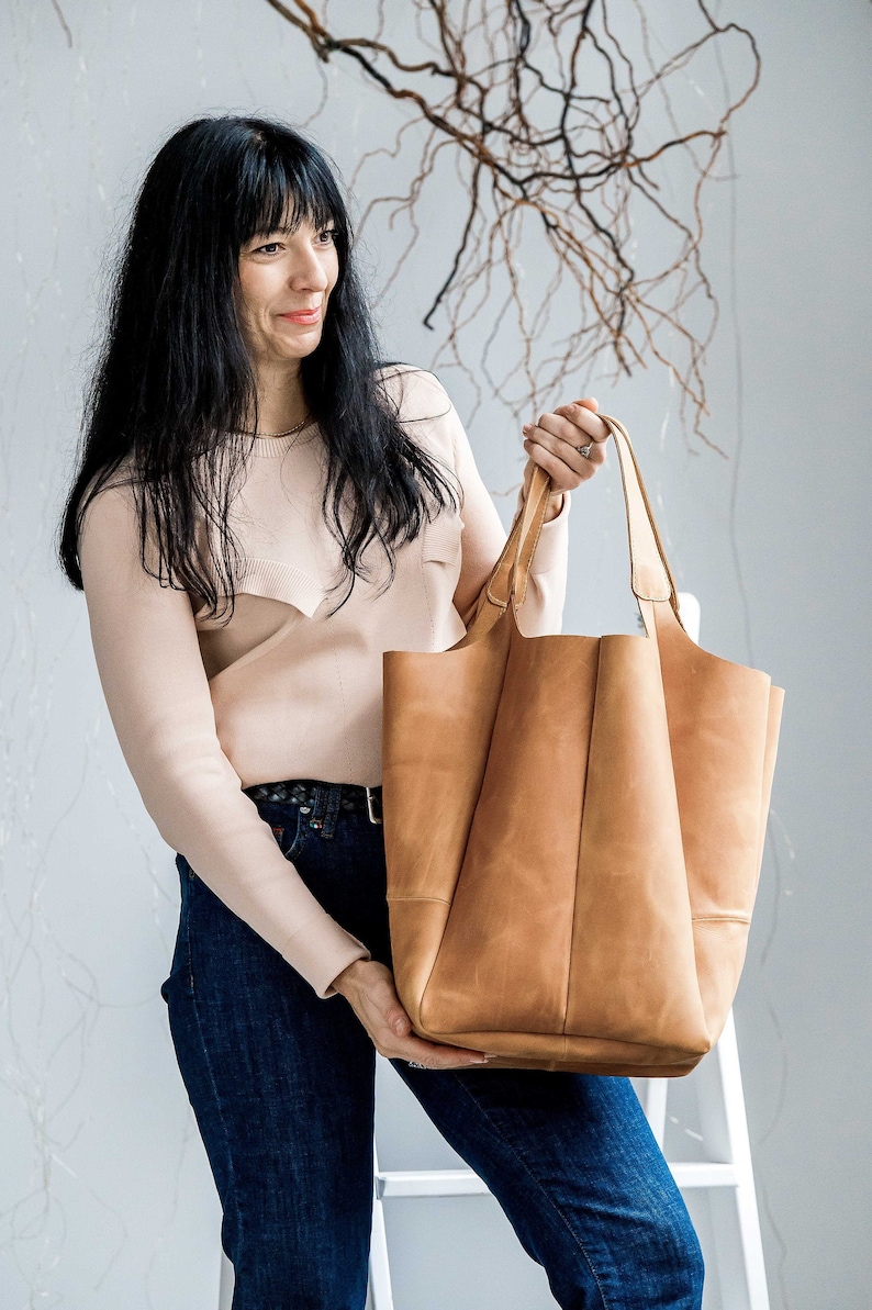 Caramel hobo bag, Shopping leather bag, Tote leather bag, Leather tote bag, Woman leather tote, Woman shoulder bag, Genuine leather tote image 1