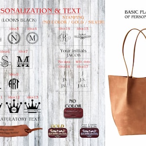 May include: A brown leather tote bag with personalization options. The bag has two handles and a large main compartment. The image shows different personalization ideas, including initials, names, and designs. The text "Your initials JACOB" is visible, along with options for "No dots" and "With dots". The text "NO COLOR, GOLD, SILVER" is also visible.