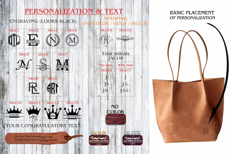 May include: A brown leather tote bag with personalization options. The bag has two handles and a large main compartment. The image shows different personalization ideas, including initials, names, and designs. The text "Your initials JACOB" is visible, along with options for "No dots" and "With dots". The text "NO COLOR, GOLD, SILVER" is also visible.
