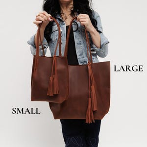 Large Leather Tote Bag with Zipper for Women — Handmade Laptop Work Bag, Tassel & Personalized Gift for Her image 5