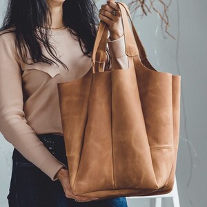 Caramel hobo bag, Shopping leather bag, Tote leather bag, Leather tote bag, Woman leather tote, Woman shoulder bag, Genuine leather tote image 4