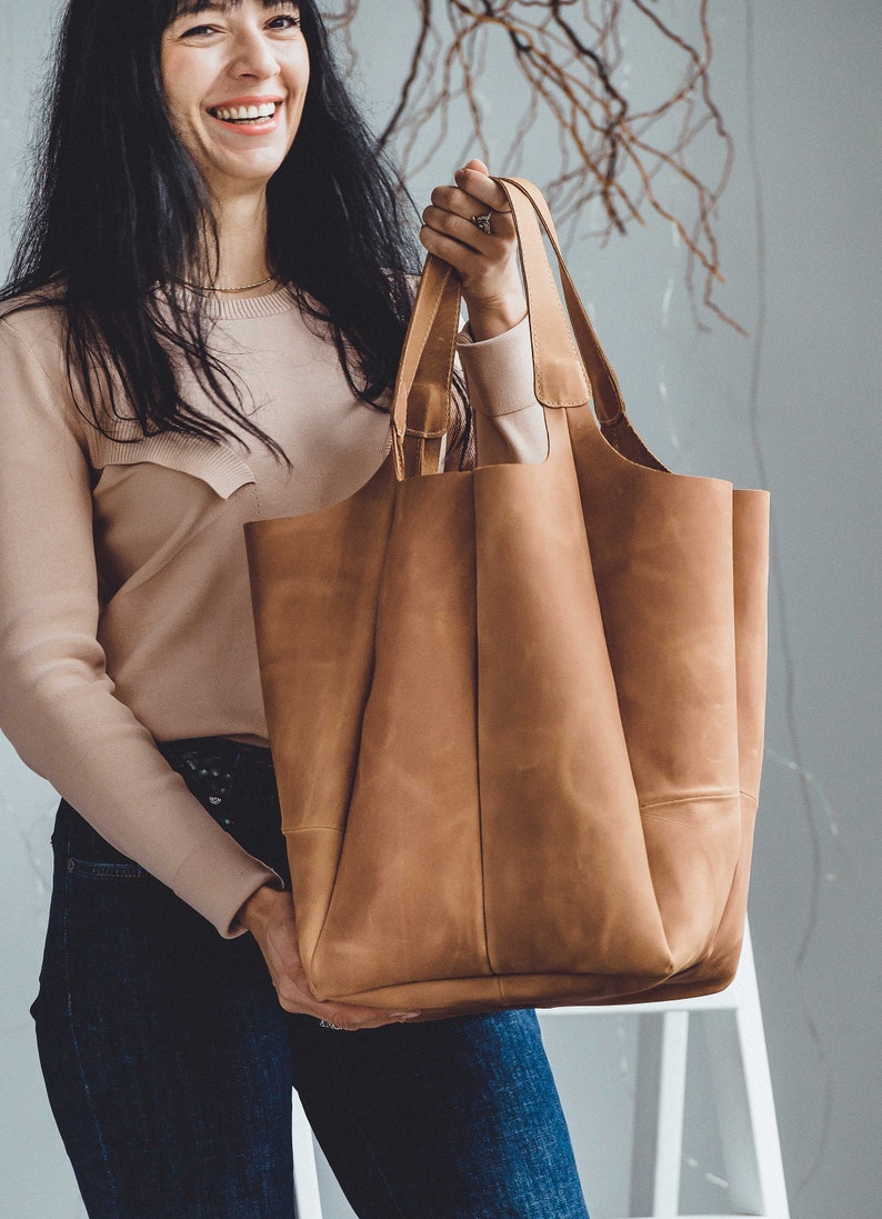 Caramel hobo bag, Shopping leather bag, Tote leather bag, Leather tote bag, Woman leather tote, Woman shoulder bag, Genuine leather tote image 4