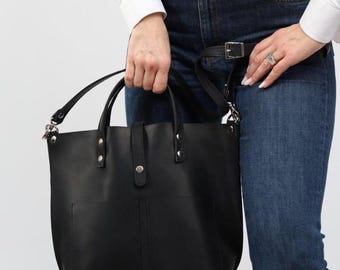 Black leather bag, Tote leather bag, Leather tote bag, Woman crossbody bag, Personalized bag, Leather shopping bag, Vintage leather tote