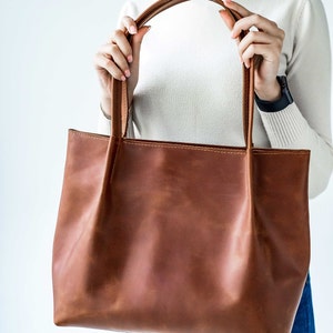 Cognac leather tote, Woman leather bag, Leather tote bag, Tote leather bag, Leather shopping bag, Woman shoulder bag, Woman leather purse image 3