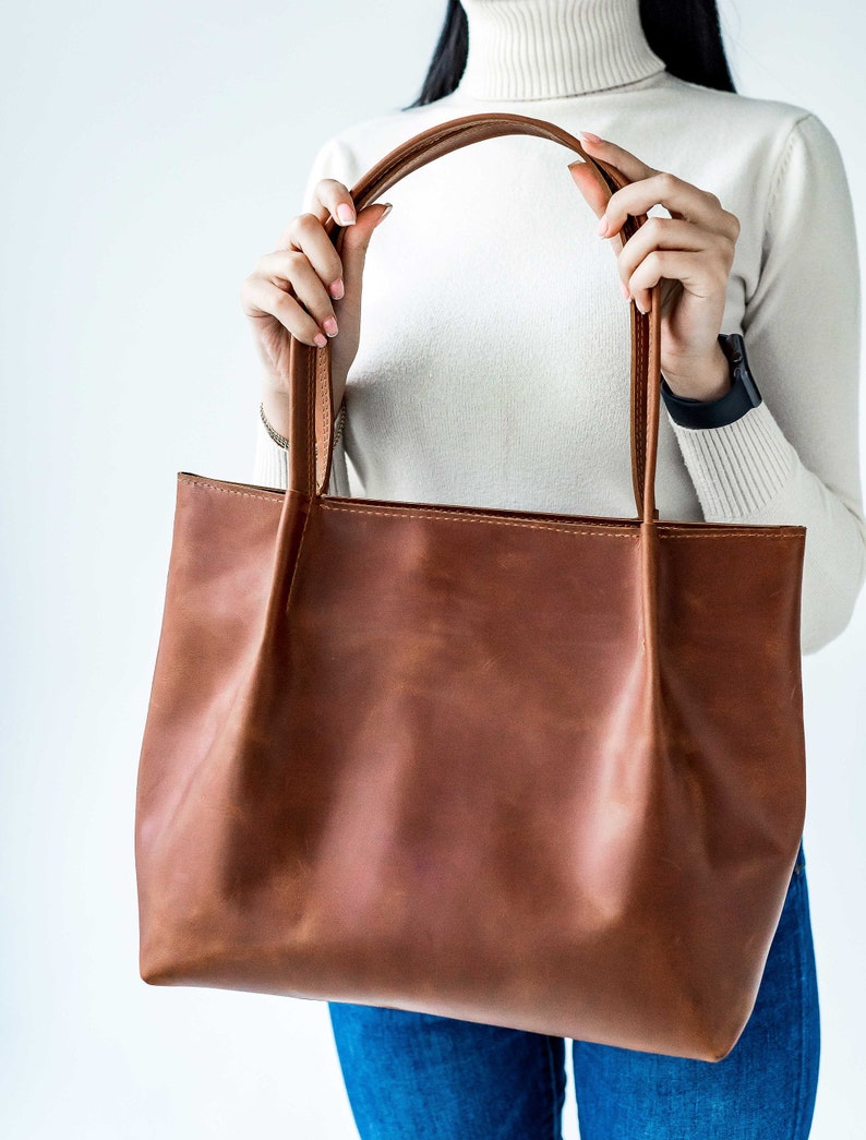 Cognac leather tote, Woman leather bag, Leather tote bag, Tote leather bag, Leather shopping bag, Woman shoulder bag, Woman leather purse image 3