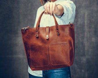 Sac en cuir cognac, sac en cuir tote, sac en cuir, sac week-end femme, idées cadeaux pour femme, sac à bandoulière femme, sac crossbody femme