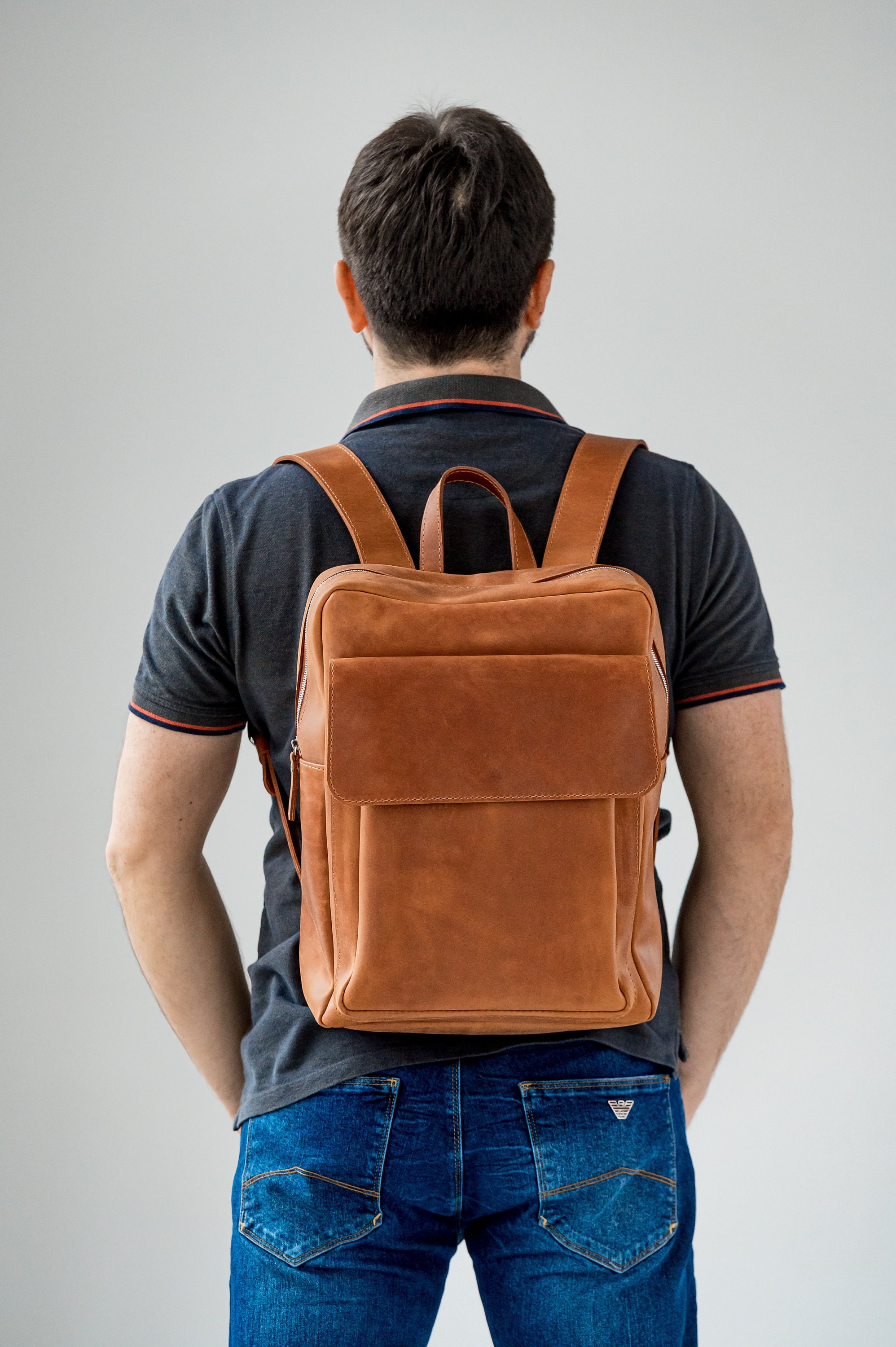 Large Unisex Leather Backpack in Cognac Parker Backpack | Full grain leather, functional and stylish  main image 4